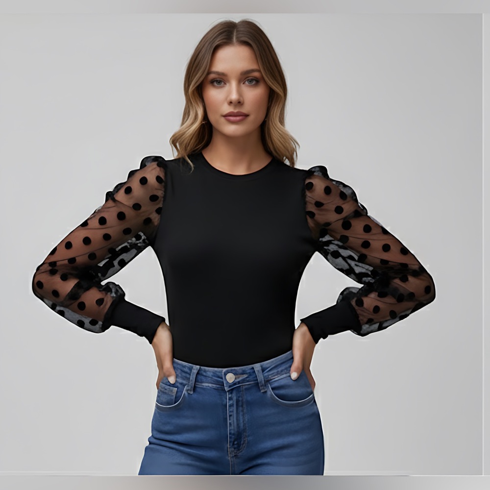 Polka Dot Mesh Sleeve Ribbed Top Black